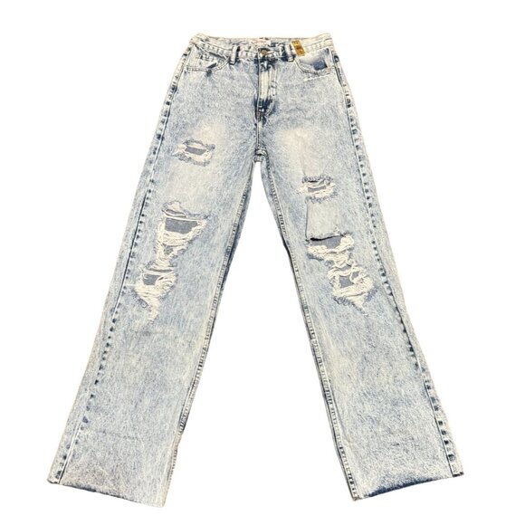 NWT WIDE LEG DISTRESSED JEANS SIZE 7 ACID WASH HIGH RISE VIBRANT M.I.U RAW HEM - Picture 1 of 6